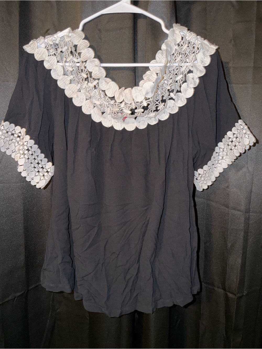 INC International Concepts Black Blouse with White Crochet Trim